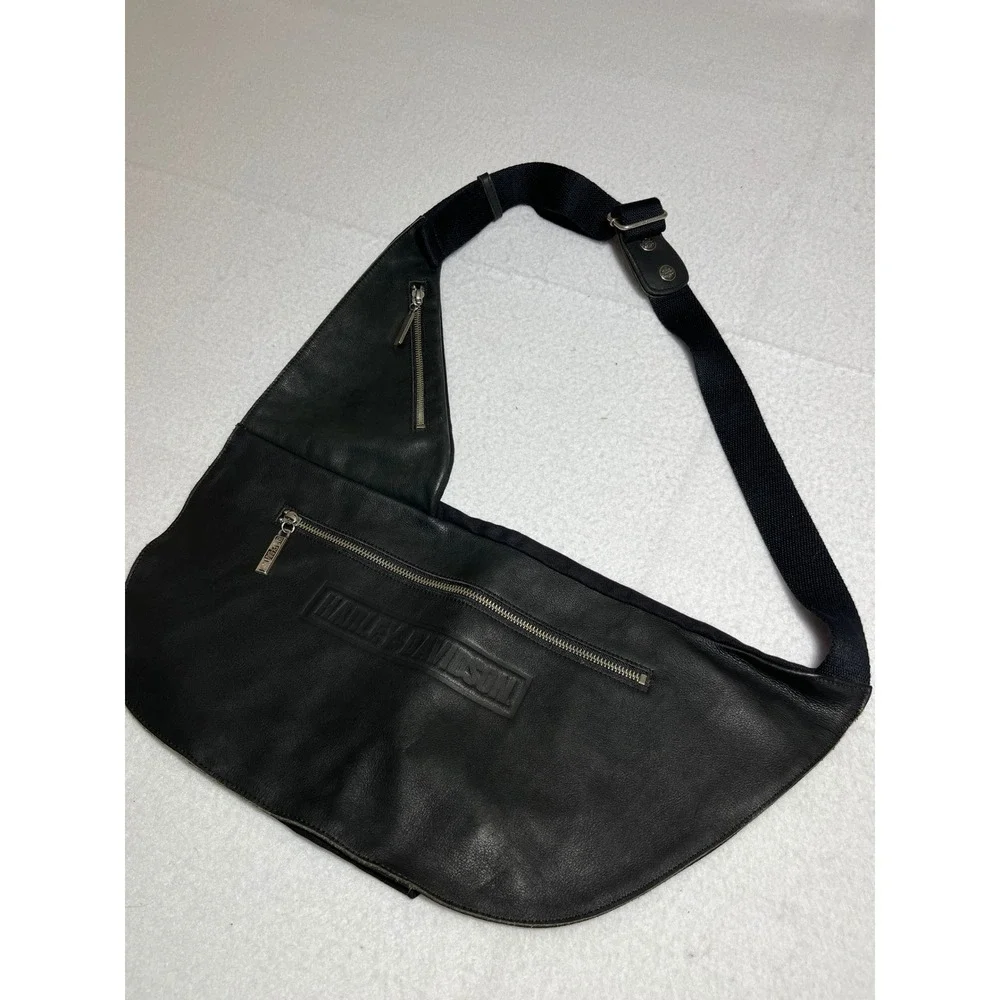 Harley Davidson Black Leather Sling Bag Crossbody Biker Moto Embossed Logo